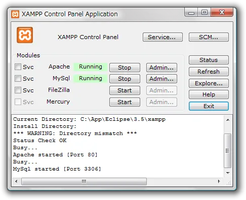 Apache と MySQL が起動している状態