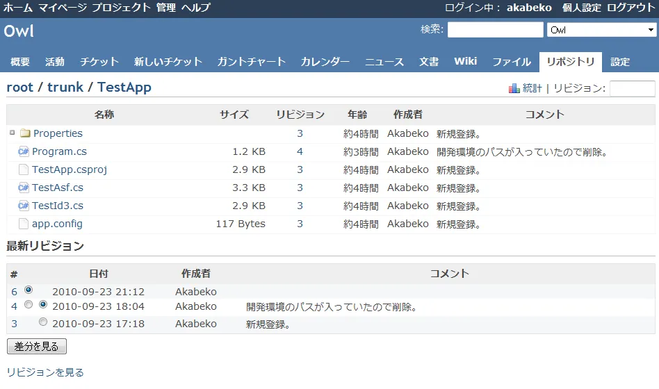Redmine から見たリポジトリ